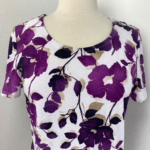 JM purple Floral Stretch Top Med Ruched Sides Cottagecore Boho Whimsy Fairy - Picture 2 of 10